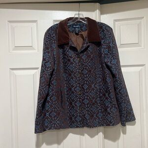 Denim & Co Tapestry Floral Brown Blue Jacquard Blazer Jacket Old Money Classic L